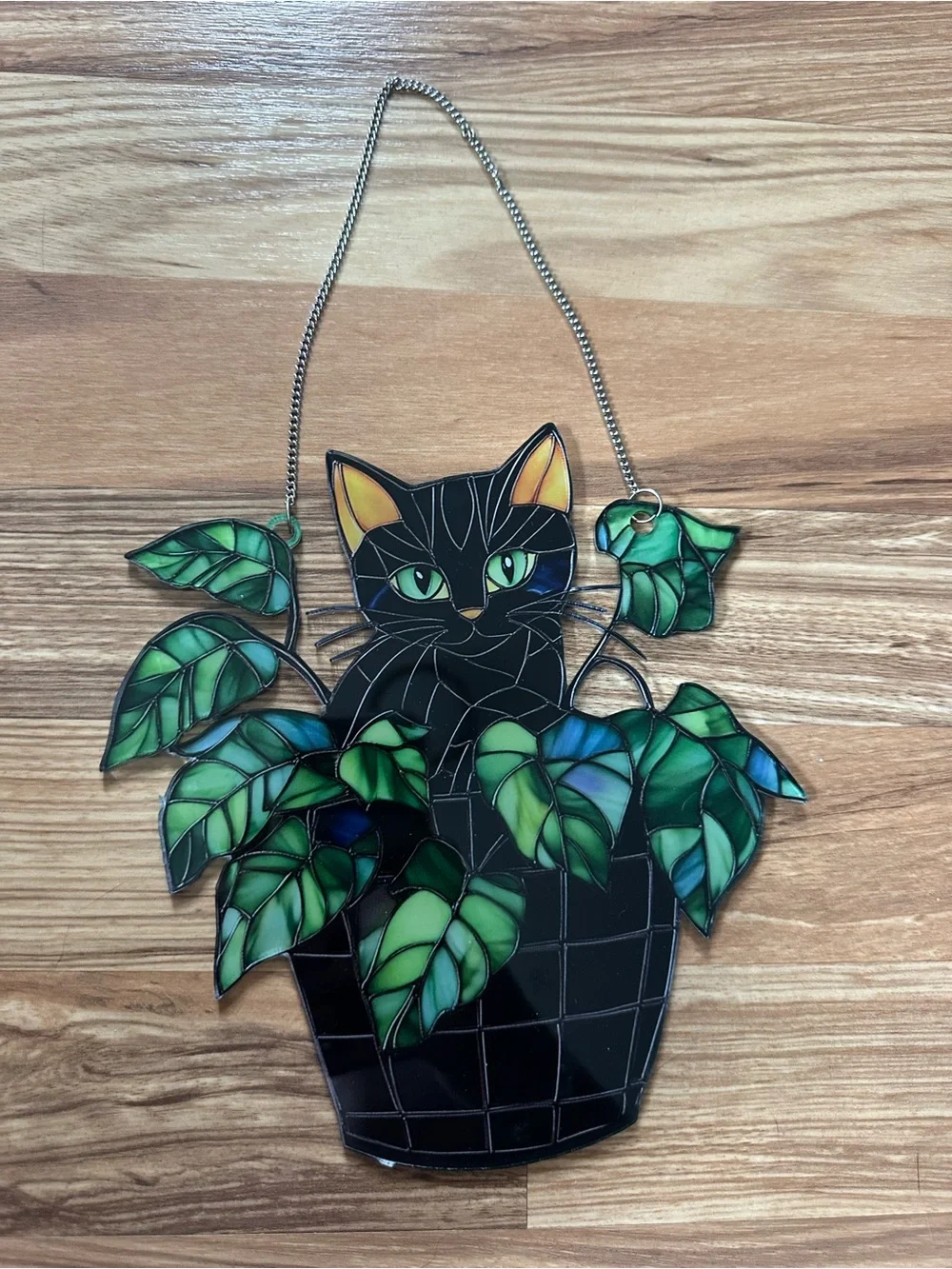 Black Cat Stained Glass Window Hanging Sun Catcher In Monstera Leaf Pot NIB